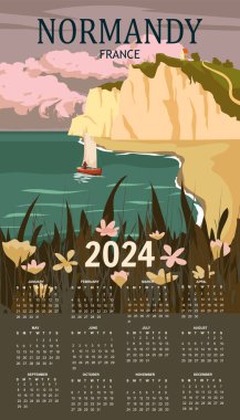 Takvim 2024 Normandie France Seyahat Duvarı posteri, klasik yelkenli kayalık kayalık kayalık deniz manzarası. Etretat retro kartı, illüstrasyon, vektör, kartpostal