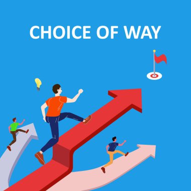 Seçim yolu konsepti. Üç yolda koşan adamlar. Gençler hayatın yolunu belirler ve karar verir. Çizgi film Vektör illüstrasyonu izometrik