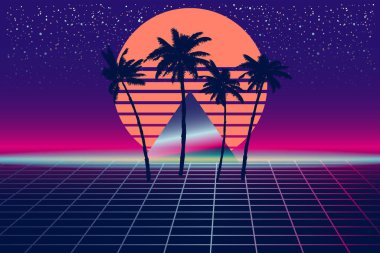 Sentetik dalga 80 'lerin retro pankartı buhar dalgası estetik arka planı. Avuç içi siluet üçgen ızgarası 3d