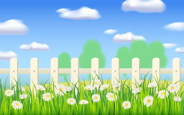 Spring banner green grass, daisy flowers, white fence. Background vector illustration