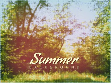 Summer background forest trees halftone dots banner. Vector illustration template vintage style