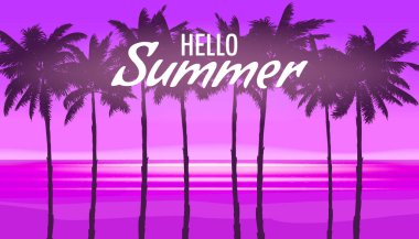 Merhaba Yaz Gecesi Parti Sahili Pembe manzara arka planı Palmiyeler, tasarım şablonu, broşür. Yaz tabelası, kart, pankart. Vektör çizimi