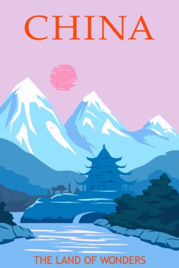 Çin yapımı poster, bahar manzarası dağları, çiçek ağacı, tapınak, günbatımı. Vektör illüstrasyon retro kartı