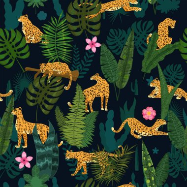 Tropikal yapraklı leopar desensiz çiçek deseni. Vektör illüstrasyon arkaplan dokusu