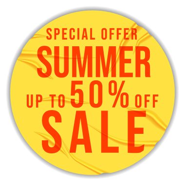 Kırışıklıkları olan yapıştırılmış kağıt gerçekçi sarı pankart yaz indirimi arka plan etiketi. Modern yaz indirimi afişi. Vektör illüstrasyonu