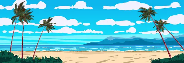 Tropical sand beach resort, landscape horizontal, exotical island, palms, ocean, sea banner. Summertime tropic landscape, vector, illustration background