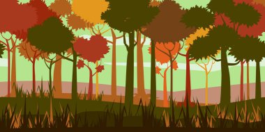 Orman sonbaharı manzara silueti yatay, kusursuz illüstrasyon. Ahşap arka plan, doğa, ağaçlar, çimenler, çalılar. Vektör çizgi film biçimi