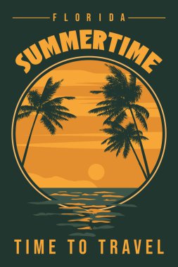 Florida Retro Posteri Seyahat Zamanı. Tropik sahil plajı, palmiye, sörf, okyanus. Yaz tatili. Vektör illüstrasyon klasiği