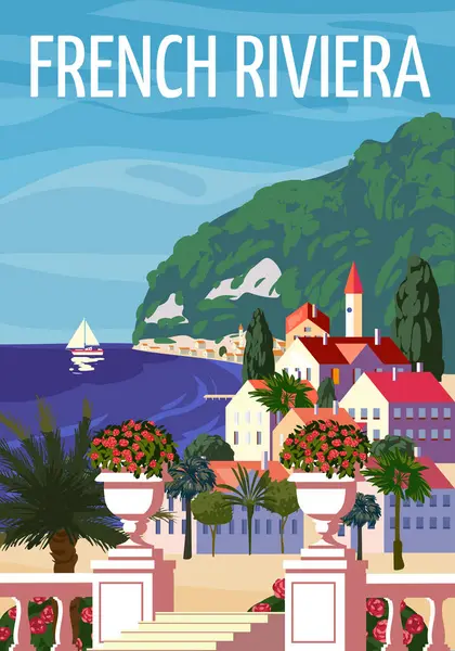Fransız Riviera Güzel sahil afişi. Tatil köyü, sahil, deniz, plaj. Retro biçim illüstrasyon vektörü izole edildi