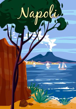 Napoli Retro Poster İtalya. Akdeniz, Vezüv yanardağı, sahil, kaya. Vektör illüstrasyon kartpostalı izole edildi