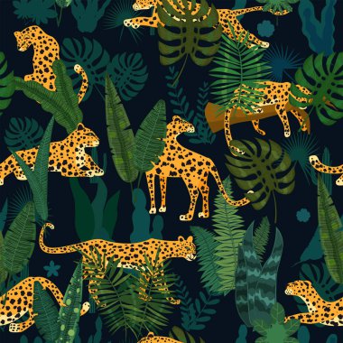 Tropikal yapraklı leopar desensiz çiçek deseni. Vektör illüstrasyon arkaplan dokusu