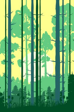 Bahar ormanı manzarası, yeşil yapraklar, Nisan, Mayıs ayı, park. Arkaplan poster vektör çizimi