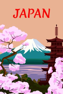 Klasik seyahat afişi Japonya Dağı. Bahar manzarası, çiçek Sakura kirazı, pagoda, kartpostal, arkaplan, vektör illüstrasyonu