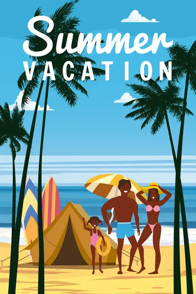 Poster Happy Vacanza Famiglia Sulla Spiaggia Tropicale Resort Tenda Tavole Illustrazioni Stock Royalty Free