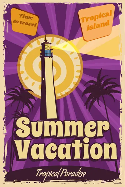 Poster Vacanze Estive Retrò Faro Sull Oceano Scogliera Costa Palme Grafiche Vettoriali