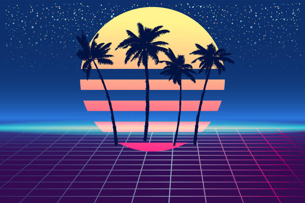 Synthwave 80s retro banner vaporwave aesthetic background. Palms silhouette sun grid 3d, Synthwave