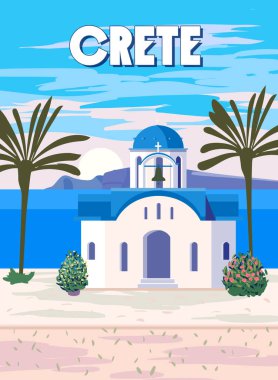 Girit Poster Seyahati, mavi çatılı Yunan beyaz kilisesi, poster, eski Akdeniz Avrupa kültürü ve mimarisi. Klasik biçim vektör illüstrasyonu