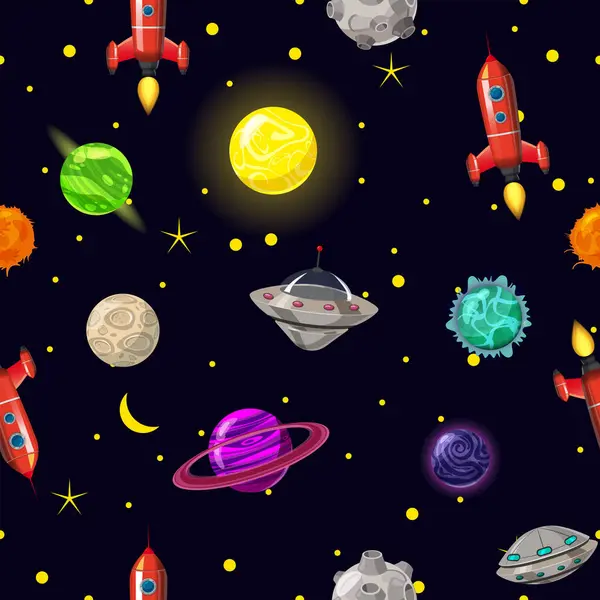 Espacio Planetas Cohetes Estrellas Sin Costura Nave Espacial Dibujos Animados Ilustración De Stock