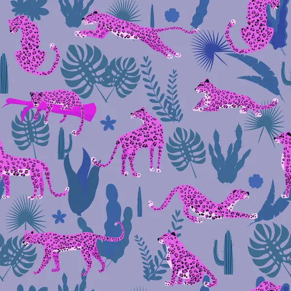 Padrão Sem Costura Rosa Leopardo Com Folhas Tropicais Florais Ilustração Ilustração De Stock