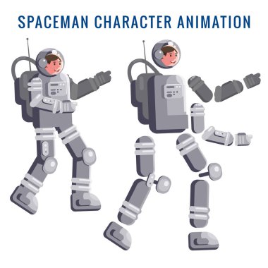 Çizgi film stili uzay adamı malzemesi üreticisi. Uzay giysisinin parçaları vücut bacakları ve kollar, yüz ve eller jestleri. Vektör çizgi film karakteri