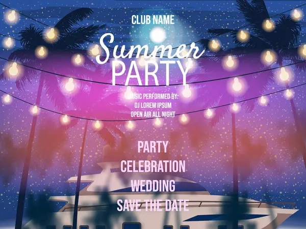 Summer Party Night Beach Palms Yacht Banner Flyer Cartão Fundo Ilustrações De Stock Royalty-Free