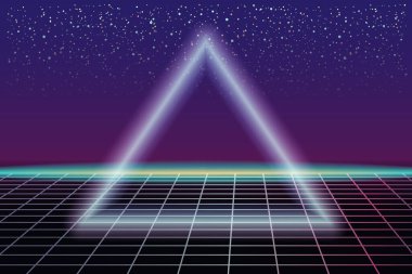 Sentetik retro pankart buhar dalgası estetik arka planı. Piramitler ızgarası 3d, günbatımı 80 s retrowave