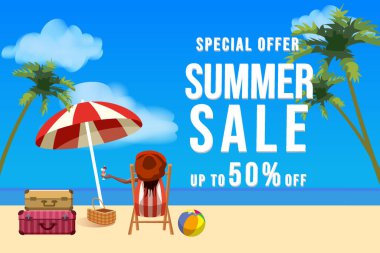 Yaz indirimi afişi. Tropik plaj, plaj sandalyesi, sahne, sörf, şemsiye, palmiye yaprakları, gökyüzü, bulut. Alışveriş tanıtımı, şablon arkaplanı