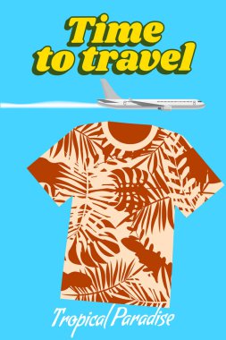 Seyahat zamanı. Summer tişörtü ve giyim tasarımının poster retro, uçak, palmiyeler. Tropik egzotik yaz tatili. Vektör illüstrasyon klasiği