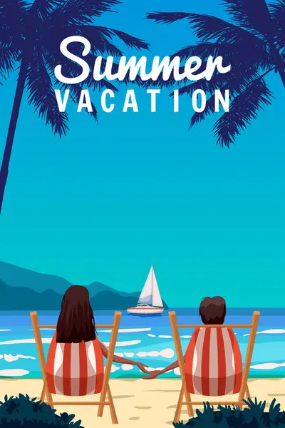 Summer Vacation Couple Sitting Deck Chairs Beach Palms Straw Umbrella Vetor De Stock