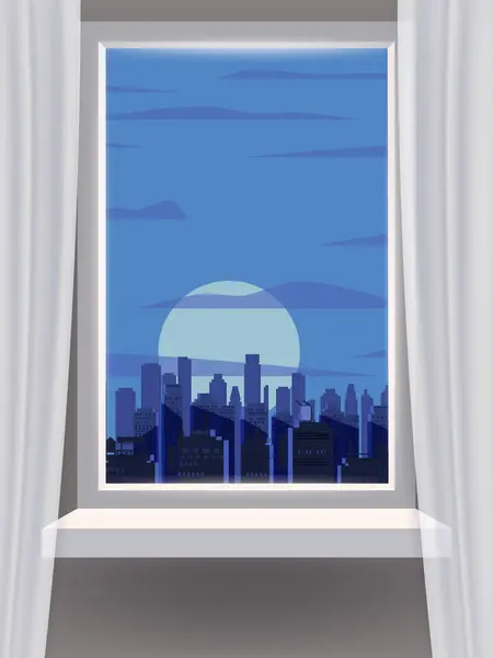 Window View Interior Night City Skyscrapers Buildings Moon Vector Illustration Gráficos De Vetores
