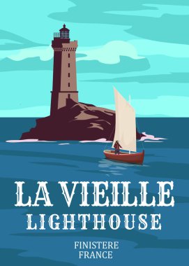 Retro Seyahat posteri La Vieille Deniz Feneri. Vintage vektör illüstrasyon deniz feneri kartı Brittany France tarihi