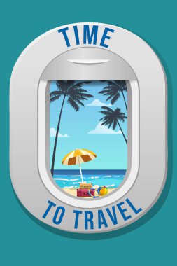 Uçak penceresi penceresi manzarası, tropik plaj palmiyeleri deniz okyanusu. Vektör illüstrasyon poster arka planı