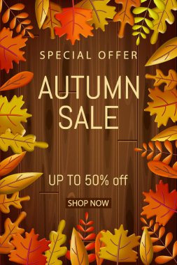 Sonbahar indirimi teklifi, sarı turuncu yapraklı 3D arka plan. 3D yapraklar sonbahar posteri, eski ahşap arka plan vektör kartı reklam, broşür, kapak, illüstrasyon için