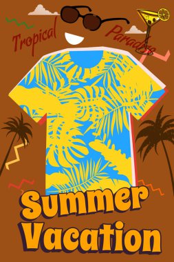 Poster Yaz Tatili tişörtü ve giysi tasarımı retro, klasik kokteyl içecekleri bardak, okyanus, palmiyeler. Tropik egzotik yaz tatili. Vektör illüstrasyon klasiği