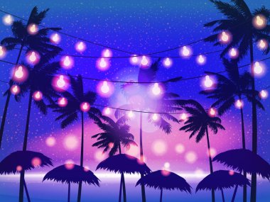 Plaj Partisi, Night Beach Palms Banner, Flyer. İzole edilmiş illüstrasyonu destekleyen vektör arkaplan kartı