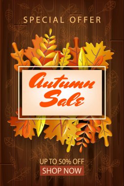 Sonbahar indirimi, 3 boyutlu arka plan, sarı turuncu yapraklı. 3D yapraklar sonbahar posteri, eski ahşap arka plan vektör kartı reklam, broşür, kapak, illüstrasyon için