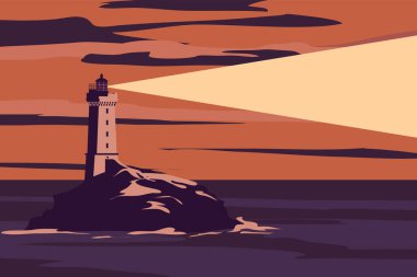 Deniz feneri kulesi, deniz kıyısındaki deniz feneri. Kayalık kayalıklarda sinyal binası, günbatımı deniz manzarası. Vektör pankartı düz çizgi film biçimi
