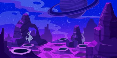 Fantezi uzay çizgi film oyun geçmişi. Yabancı gezegen manzarası. Kırmızı toprağı, dağları, yıldızları olan bir alan. Vektör çizgi film biçimi illüstrasyonu