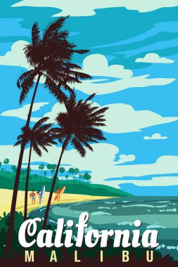 California Malibu plajı retro seyahat posteri, Malibu Sahili, palmiyeler, okyanus sörfü. Vektör illüstrasyon vintage kartı