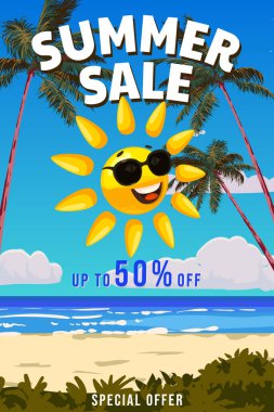 Summer Sale posteri, çizgi film karakteri, avuç içi. Tropik tatil köyü, deniz okyanusu. Vektör illüstrasyon afiş tasarımı, satış tanıtım arkaplanı