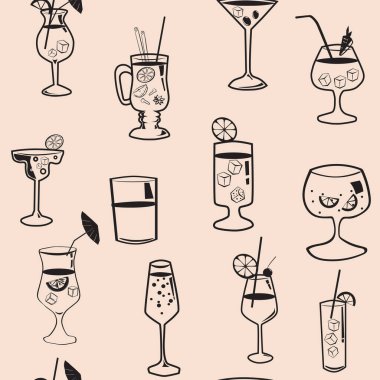 Kokteyl içecekleri kusursuz bir arka plan. Kokteyl partisi koleksiyonu ana tip vintage tasarım, vektör illüstrasyonu. Ambalaj kağıdı, tekstil, duvar kağıdı için.
