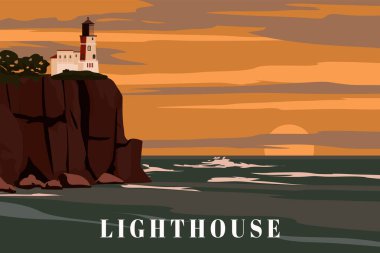 Deniz feneri kulesi, deniz kıyısındaki deniz feneri. Kayalık kayalıklarda sinyal binası, günbatımı deniz manzarası. Vektör pankartı düz çizgi film biçimi