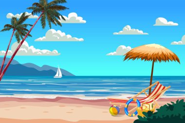 Tropik yaz tatili. Kumsalda iskemle, şemsiye, top, şişme daire, avuç içi, dağ. Arkaplan vektör çizim çizim biçimi