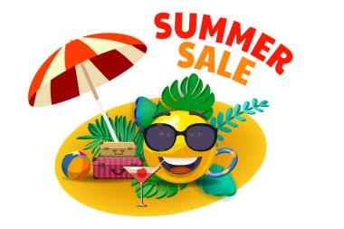 Güneş gözlüklü, plaj şemsiyesi, bavul, kokteyl, top, tropikal yapraklar altında yaz satışı posteri. Vektör illüstrasyon afiş tasarımı, satış tanıtım arkaplanı
