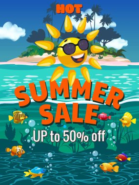Poster Summer Sale Sun çizgi film karakteri, ada, su altı, balıklar. Tropik tatil köyü, deniz okyanusu. Vektör illüstrasyon afiş tasarımı, satış tanıtım arkaplanı