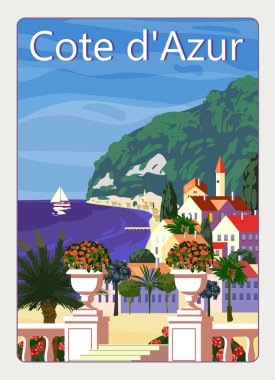 Cote de l azur French Riviera sahil posterleri. Resort, French Riviera Güzel sahil posterleri. Tatil köyü, sahil, deniz, sahil. Retro biçim illüstrasyon vektörü izole edildi