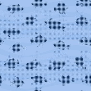 Tropikal balıklar kusursuz desenli yarım tonlu noktalar siluet tarzında. Deniz altı karakterleri vektör illüstrasyon, kumaş, kağıt baskı, arkaplan, tekstil