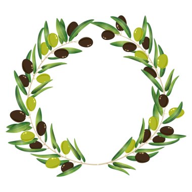 Zeytin çelengi, böğürtlenli siyah yeşil ağaç dalı, Vektör illüstrasyonu izole.