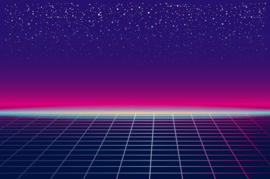 Sentetik retro pankart buhar dalgası estetik arka planı. Grid 3d, sunset 80 s retrowave