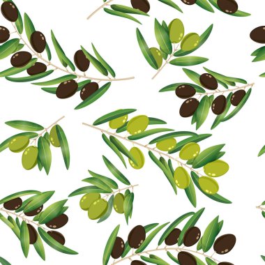 Yeşil siyah zeytin dalları dikişsiz desen. Vektör çizimi. Tasarım tekstil, ambalaj, hatıra defteri için.